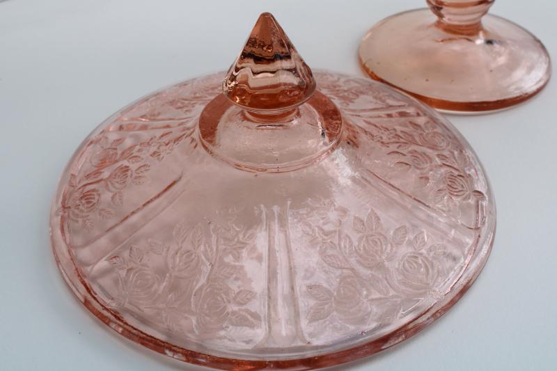 photo of vintage pink depression glass Sharon floral pattern covered candy dish #3