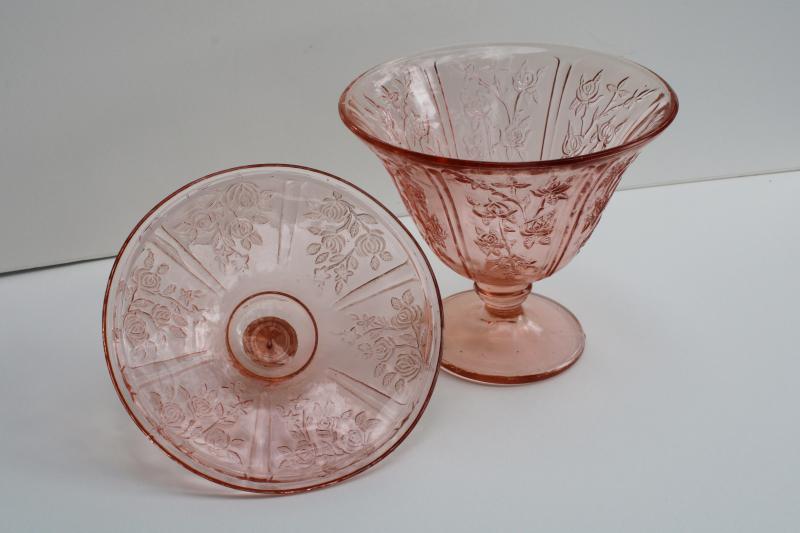 photo of vintage pink depression glass Sharon floral pattern covered candy dish #4