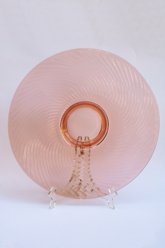 photo of vintage pink depression glass, big round torte cake plate spiral optic swirl pattern  #1