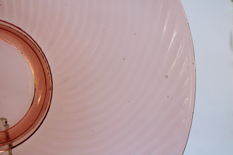 photo of vintage pink depression glass, big round torte cake plate spiral optic swirl pattern #2