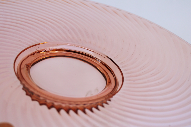 photo of vintage pink depression glass, big round torte cake plate spiral optic swirl pattern #4
