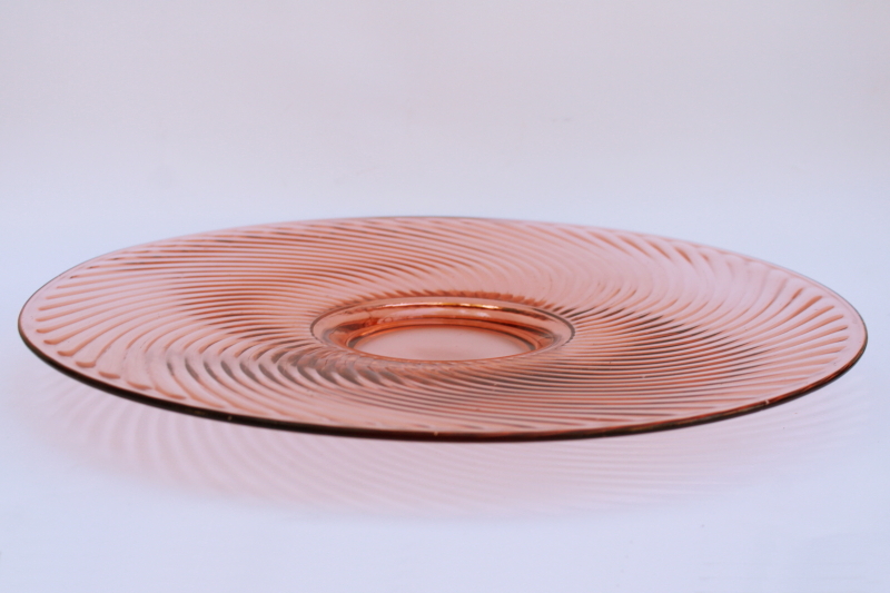 photo of vintage pink depression glass, big round torte cake plate spiral optic swirl pattern #6