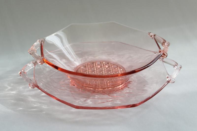 photo of vintage pink depression glass bowl & underplate, Lancaster octagon Lana pattern #1