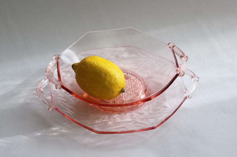 photo of vintage pink depression glass bowl & underplate, Lancaster octagon Lana pattern #2