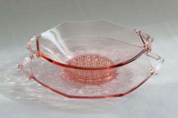 catalog photo of vintage pink depression glass bowl & underplate, Lancaster octagon Lana pattern