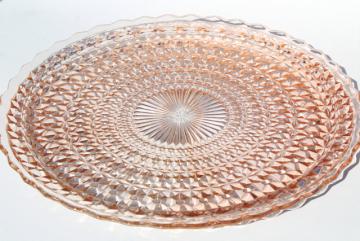 catalog photo of vintage pink depression glass cake plate, Holiday buttons & bows large round tray