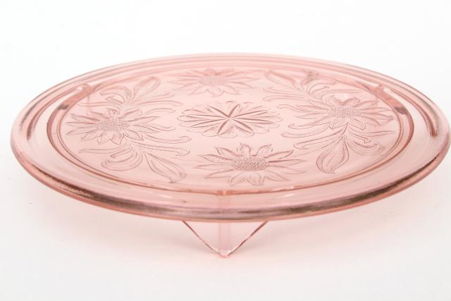 photo of vintage pink depression glass cake plate, Jeannette sunflower pattern glass plateau #1