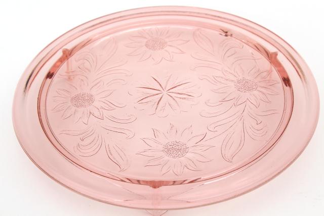 photo of vintage pink depression glass cake plate, Jeannette sunflower pattern glass plateau #2