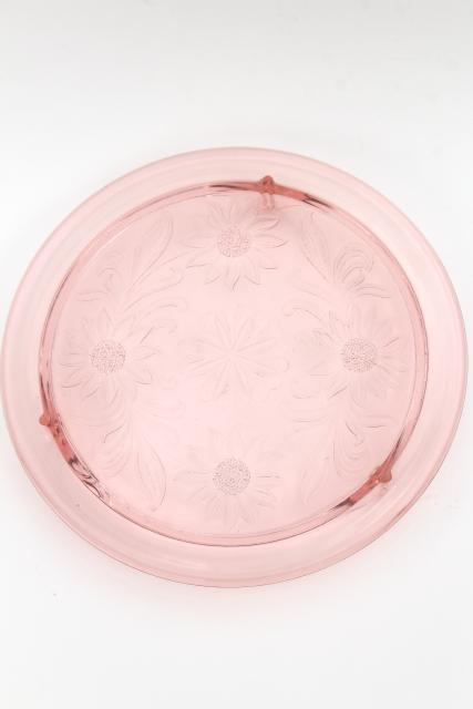 photo of vintage pink depression glass cake plate, Jeannette sunflower pattern glass plateau #4