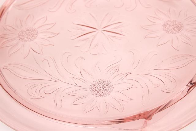 photo of vintage pink depression glass cake plate, Jeannette sunflower pattern glass plateau #5