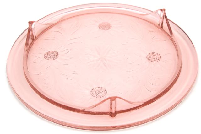 photo of vintage pink depression glass cake plate, Jeannette sunflower pattern glass plateau #6