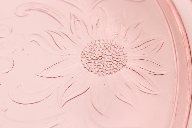 photo of vintage pink depression glass cake plate, Jeannette sunflower pattern glass plateau #8