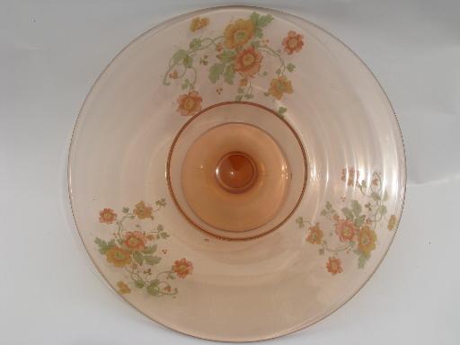 photo of vintage pink depression glass cake stand pedestal plate, colored poppies #2