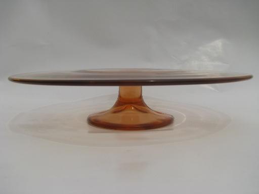 photo of vintage pink depression glass cake stand pedestal plate, colored poppies #3