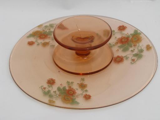 photo of vintage pink depression glass cake stand pedestal plate, colored poppies #4