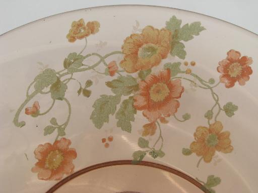 photo of vintage pink depression glass cake stand pedestal plate, colored poppies #5