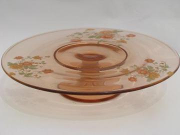 catalog photo of vintage pink depression glass cake stand pedestal plate, colored poppies