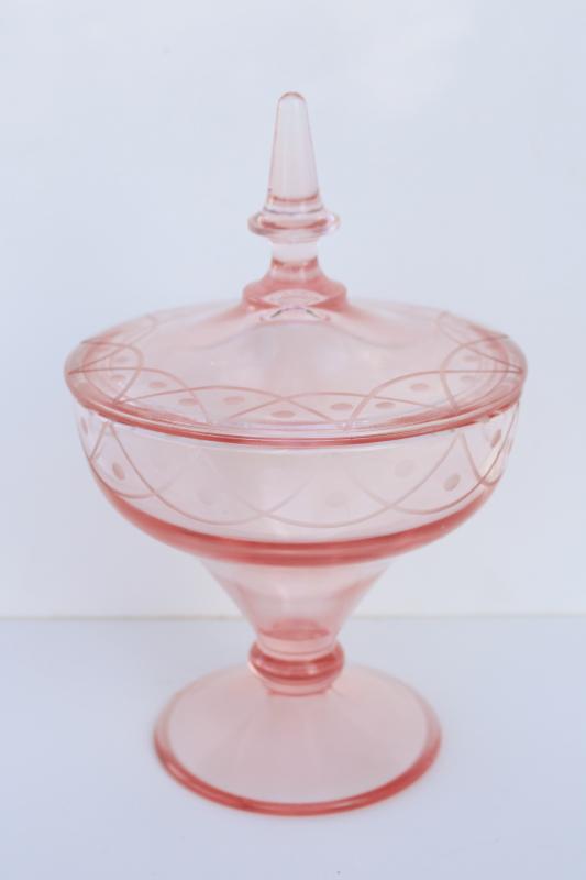 photo of vintage pink depression glass candy dish w/ lid, wheel cut etch swag & dots #1