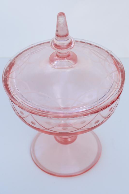 photo of vintage pink depression glass candy dish w/ lid, wheel cut etch swag & dots #2