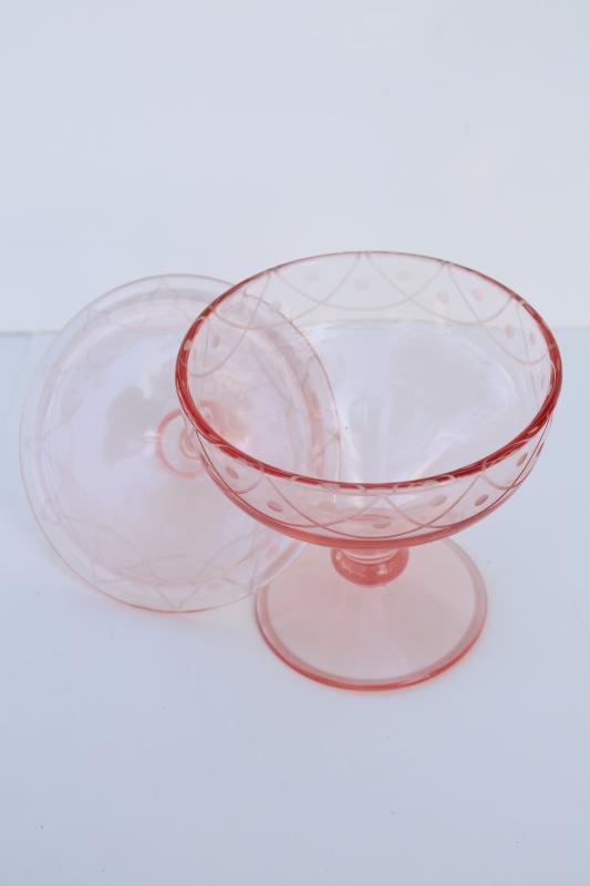 photo of vintage pink depression glass candy dish w/ lid, wheel cut etch swag & dots #3