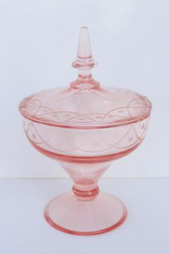 catalog photo of vintage pink depression glass candy dish w/ lid, wheel cut etch swag & dots