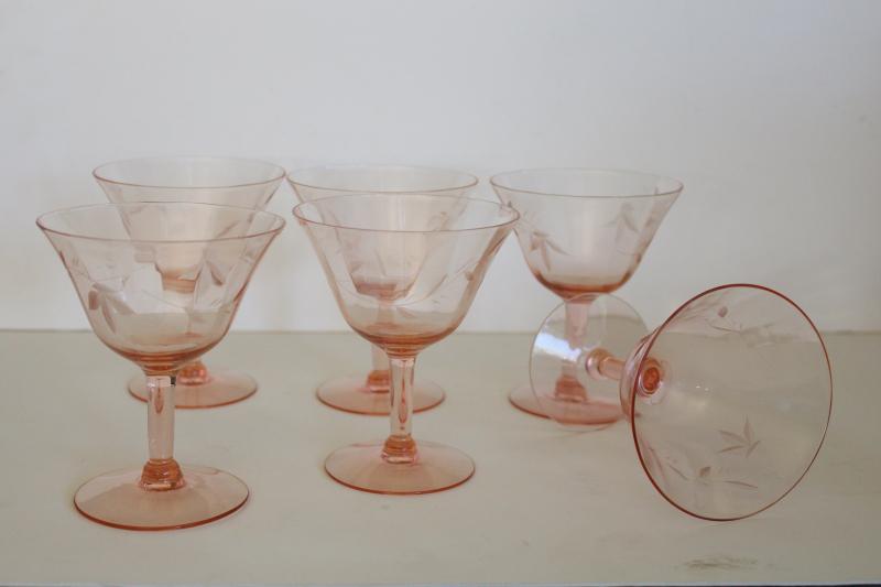 photo of vintage pink depression glass cocktail glasses, panel optic w/ wheel cut pattern #1