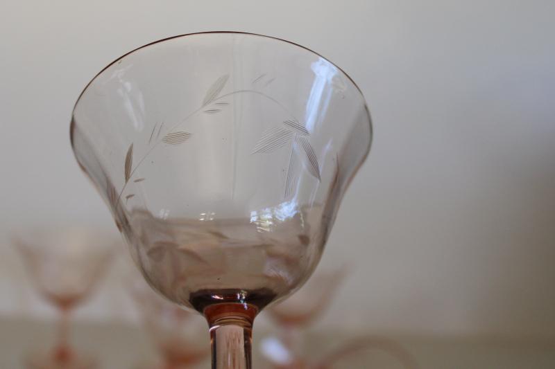 photo of vintage pink depression glass cocktail glasses, panel optic w/ wheel cut pattern #2