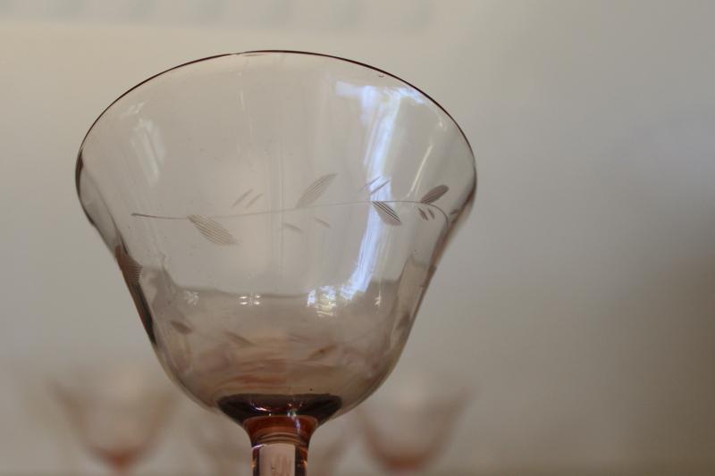 photo of vintage pink depression glass cocktail glasses, panel optic w/ wheel cut pattern #3