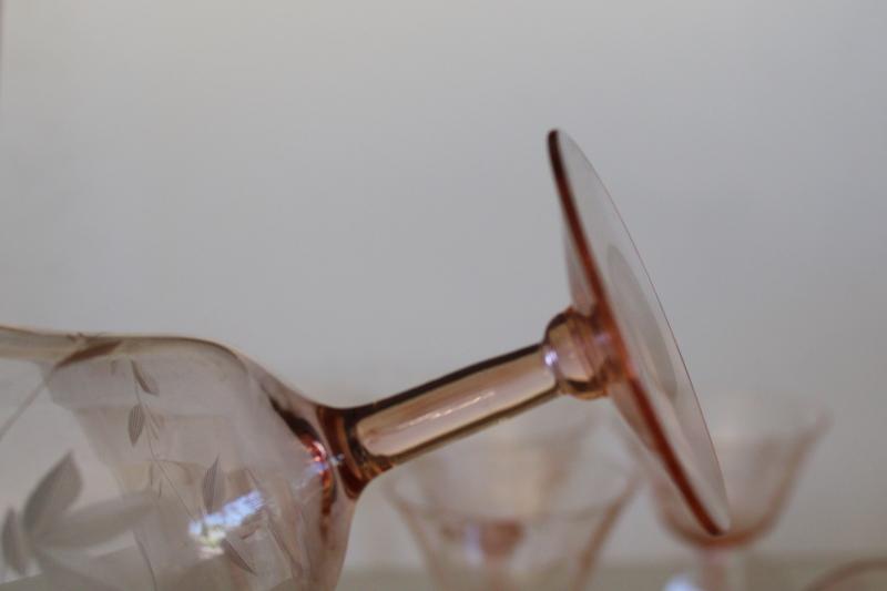 photo of vintage pink depression glass cocktail glasses, panel optic w/ wheel cut pattern #5