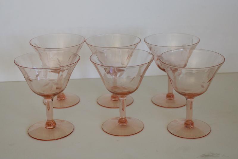 photo of vintage pink depression glass cocktail glasses, panel optic w/ wheel cut pattern #6