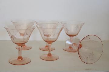 catalog photo of vintage pink depression glass cocktail glasses, panel optic w/ wheel cut pattern