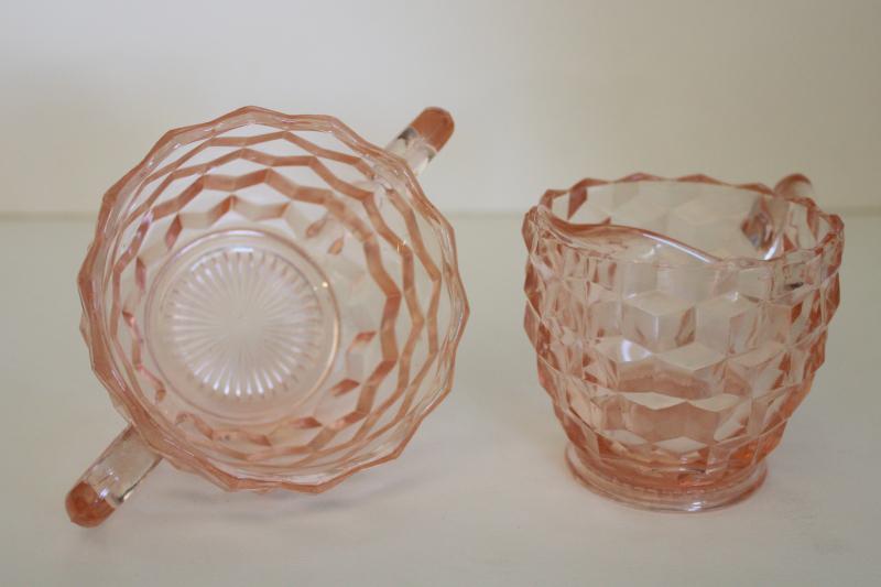 photo of vintage pink depression glass cream pitcher & sugar bowl set, Jeannette cube pattern #2