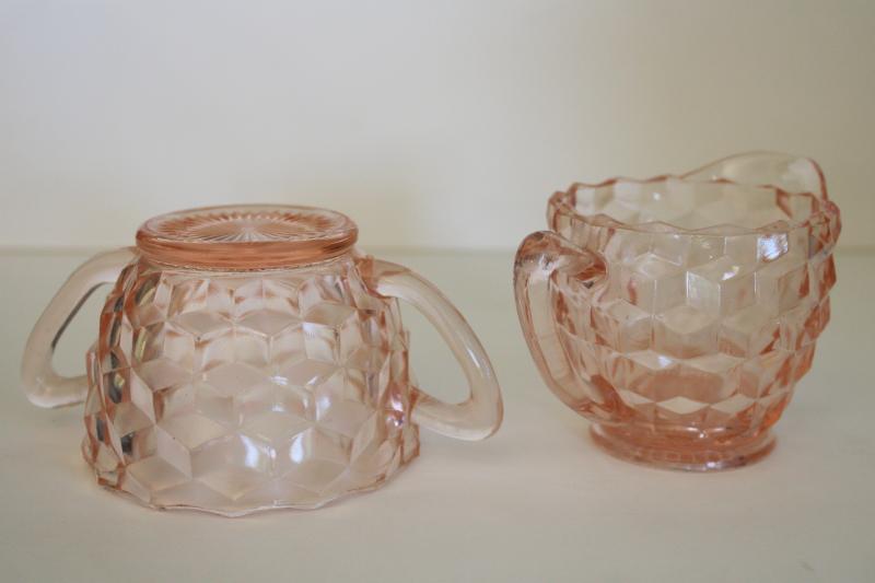 photo of vintage pink depression glass cream pitcher & sugar bowl set, Jeannette cube pattern #3