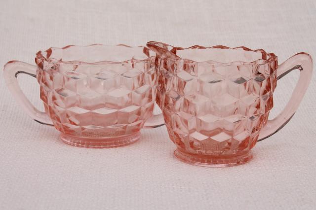 photo of vintage pink depression glass cream & sugar set, Jeannette cubist cube pattern  #1