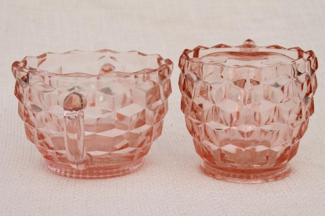 photo of vintage pink depression glass cream & sugar set, Jeannette cubist cube pattern  #2