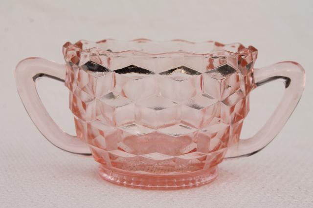 photo of vintage pink depression glass cream & sugar set, Jeannette cubist cube pattern  #4