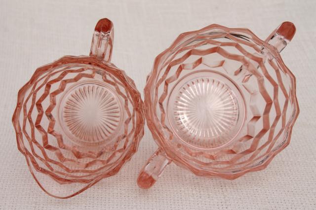 photo of vintage pink depression glass cream & sugar set, Jeannette cubist cube pattern  #5