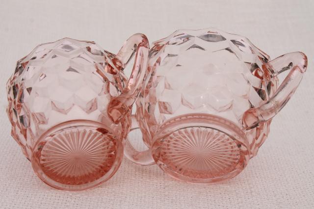 photo of vintage pink depression glass cream & sugar set, Jeannette cubist cube pattern  #6