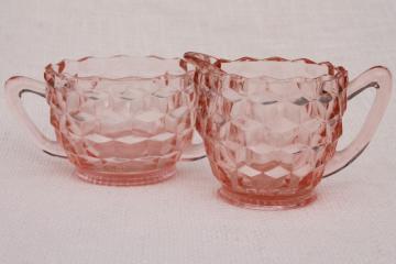 catalog photo of vintage pink depression glass cream & sugar set, Jeannette cubist cube pattern 