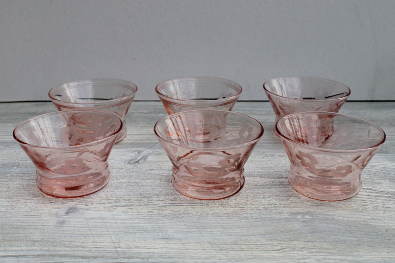 photo of vintage pink depression glass custard cups, set of tiny dessert dishes w/ etched flowers #1