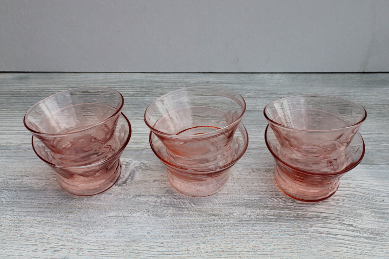 photo of vintage pink depression glass custard cups, set of tiny dessert dishes w/ etched flowers #3