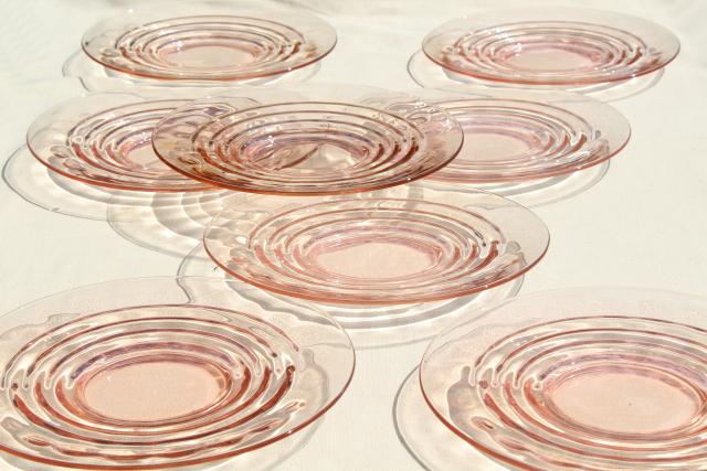 photo of vintage pink depression glass dinner plates, stacked ring block optic pattern glass #1