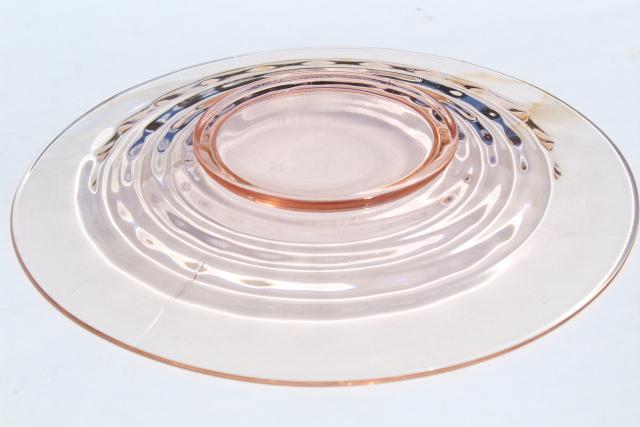 photo of vintage pink depression glass dinner plates, stacked ring block optic pattern glass #4