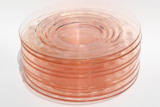 photo of vintage pink depression glass dinner plates, stacked ring block optic pattern glass #8