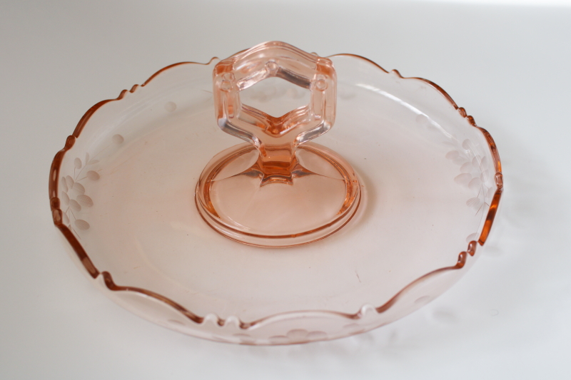 photo of vintage pink depression glass dish w/ center handle, serving tray, small plate for candy #1