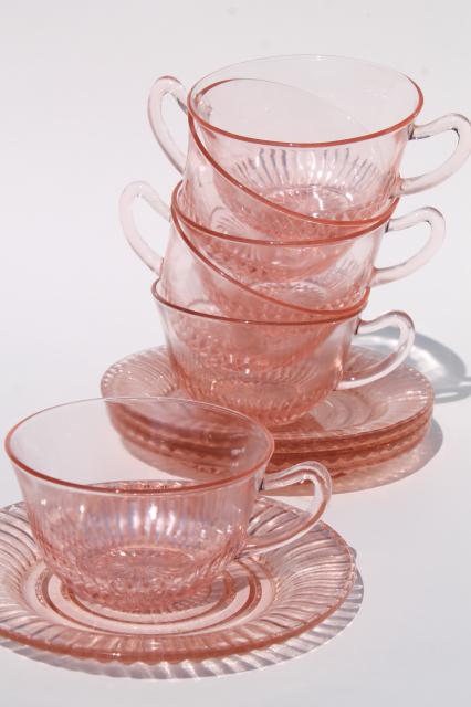 photo of vintage pink depression glass dishes, Anchor Hocking Coronation / Queen Mary ribbed glass #2