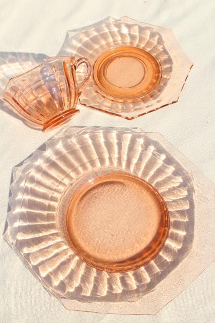 photo of vintage pink depression glass dishes set for 8, bamboo optic octagon shape #5