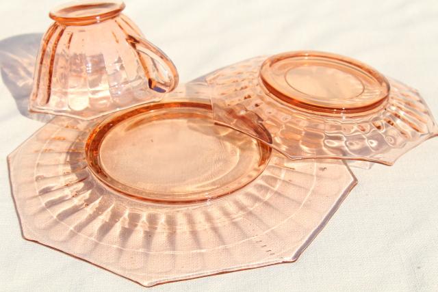 photo of vintage pink depression glass dishes set for 8, bamboo optic octagon shape #6