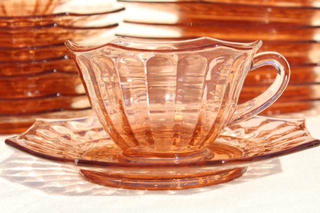 photo of vintage pink depression glass dishes set for 8, bamboo optic octagon shape #7