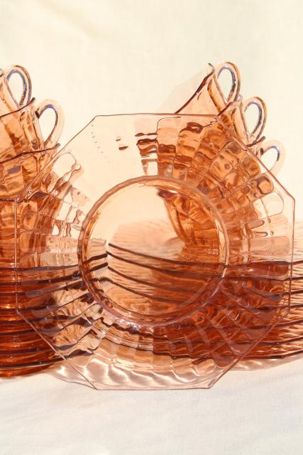 photo of vintage pink depression glass dishes set for 8, bamboo optic octagon shape #8